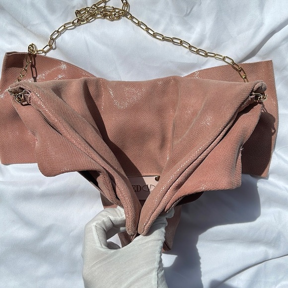 RED Valentino Shimmery Dusty Pink Bow Clutch Crossbody Bag With Gold Chain Strap - Picture 13 of 16